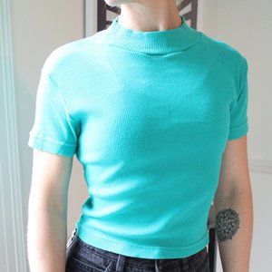 1980s Vintage Rib Knit Mock Neck Crop Top